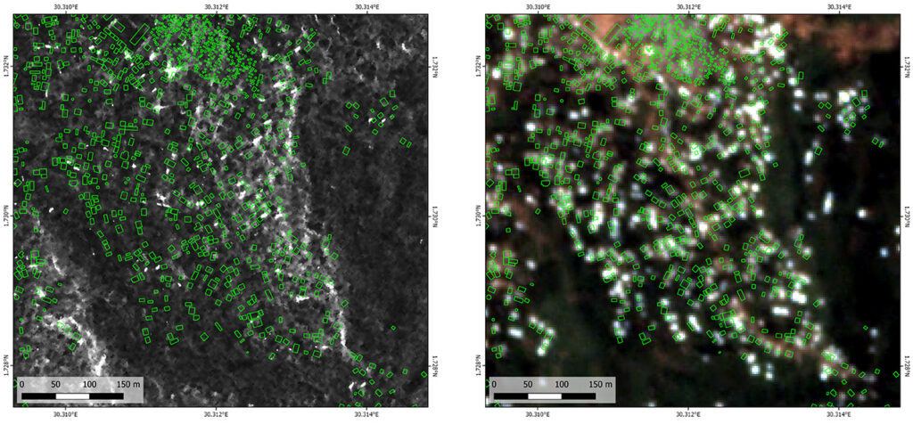 Figure 4. Building footprints (green) from the village of Nizi in both optical (left) and radar (right) images.