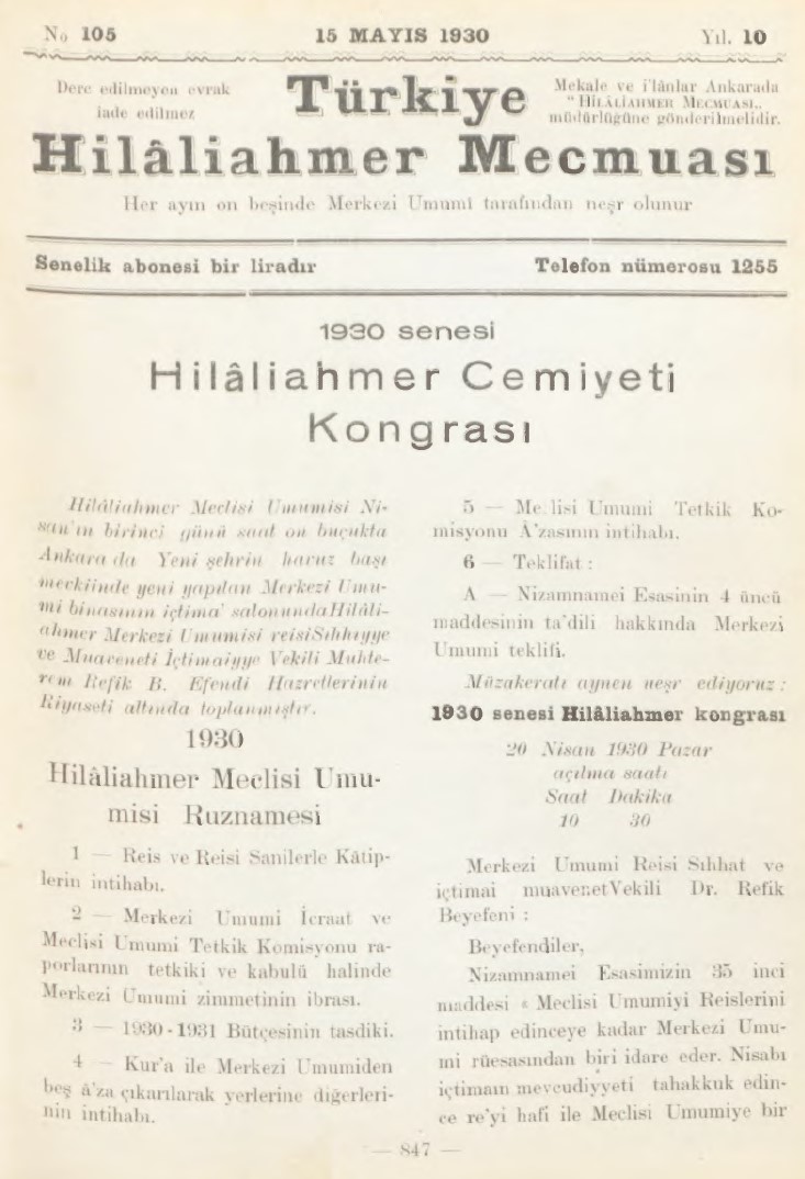 Hilâliahmer Mecmuası Sayı 105 – 1930