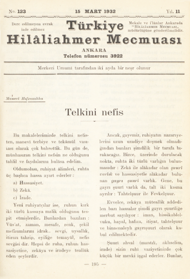 Hilâliahmer Mecmuası Sayı 123 – 1932