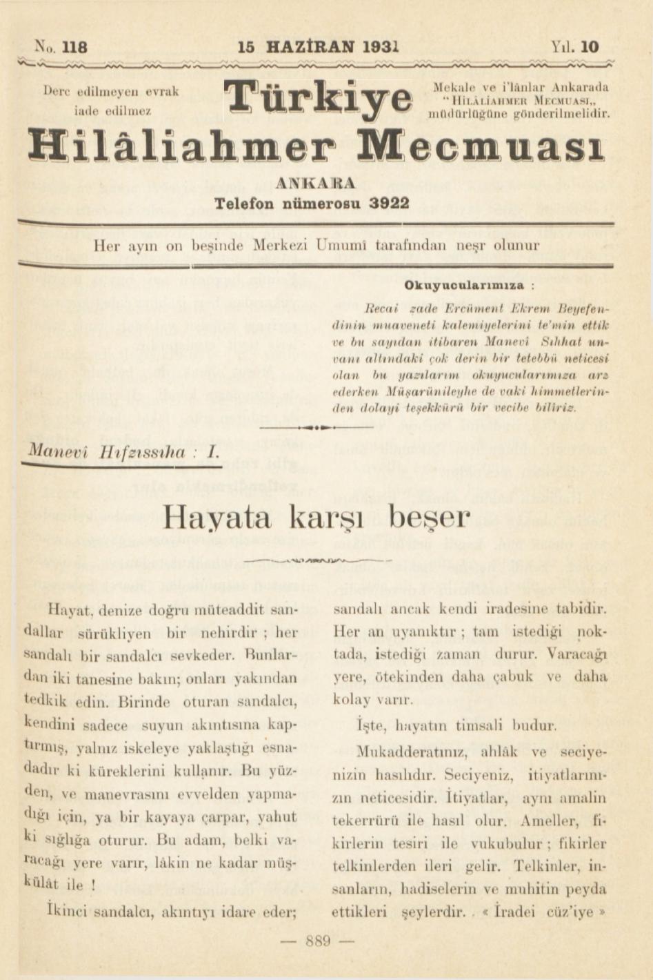Hilâliahmer Mecmuası Sayı 118 – 1931
