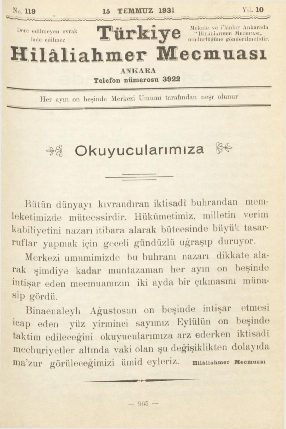 Hilâliahmer Mecmuası Sayı 119 – 1931