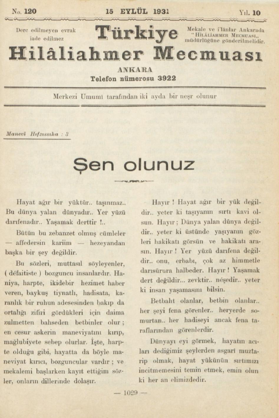 Hilâliahmer Mecmuası Sayı 120 – 1931