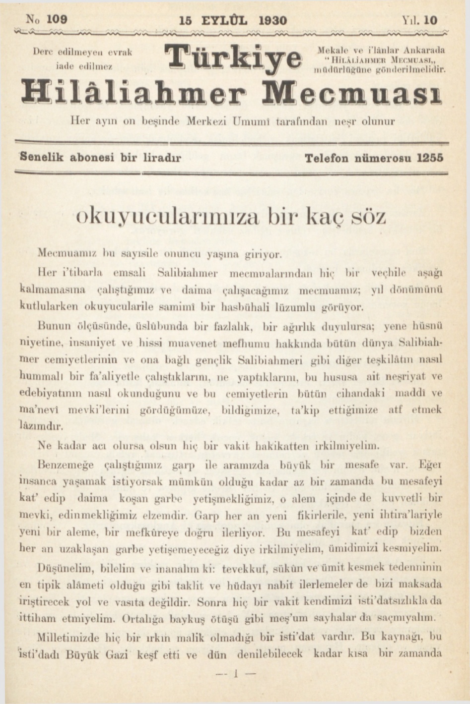 Hilâliahmer Mecmuası Sayı 109 – 1930