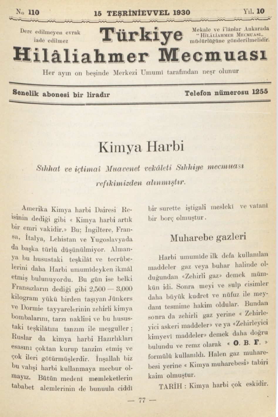 Hilâliahmer Mecmuası Sayı 110 – 1930