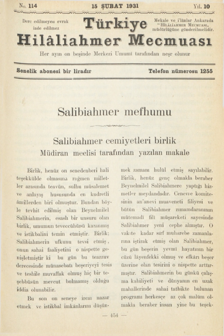 Hilâliahmer Mecmuası Sayı 114 – 1931