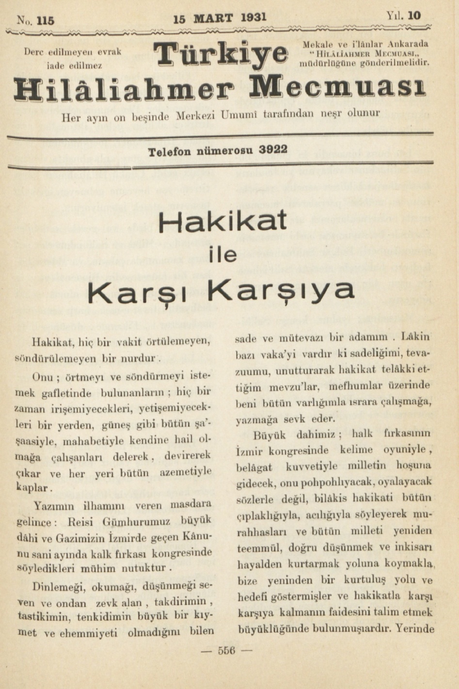 Hilâliahmer Mecmuası Sayı 115 – 1931