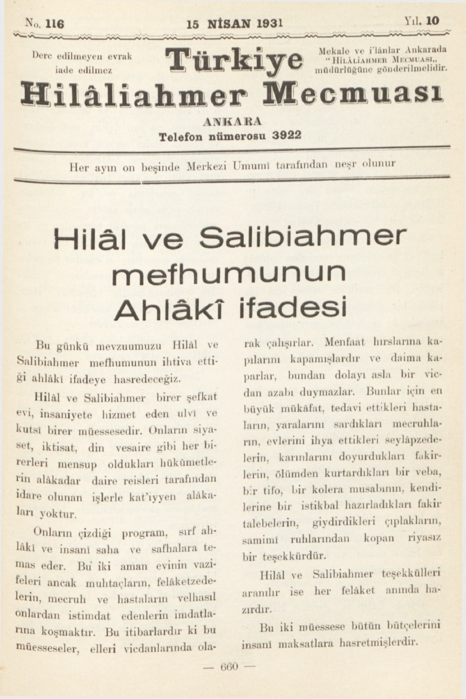 Hilâliahmer Mecmuası Sayı 116 – 1931